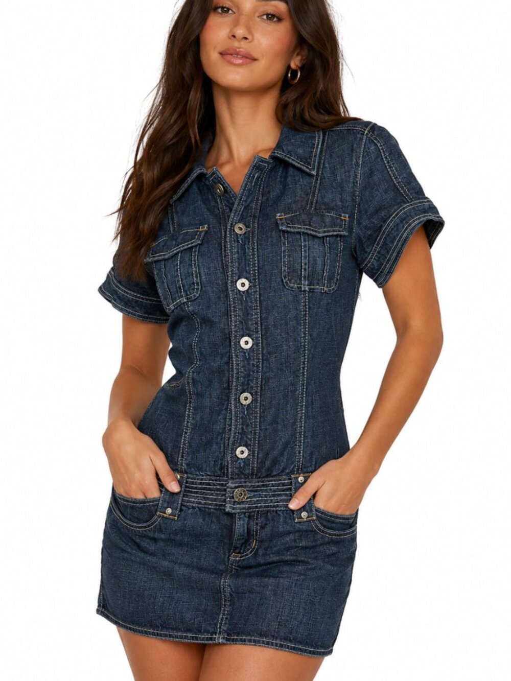VTG Y2K GUESS Stonewashed Denim Button Down Short Sleeve Mini Dress Sz Large